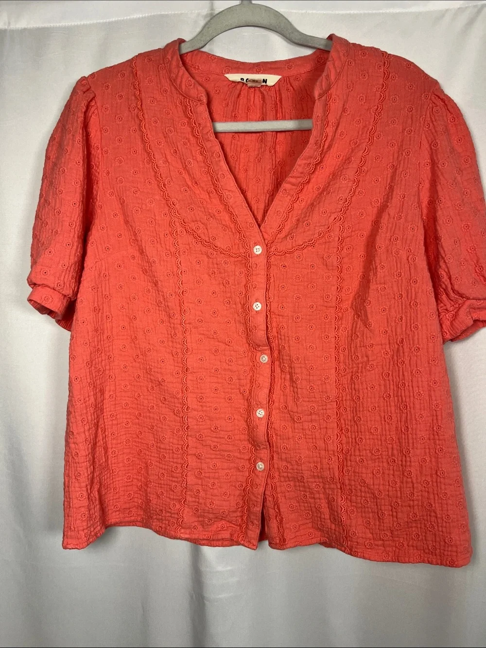 BODEN trim Insert double cloth cotton top floral eyelet puff sleeves US SZ 12